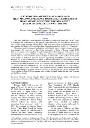 Jurnal Ilmu Budaya Sultan of Ternate Iskandar Djabir Syah