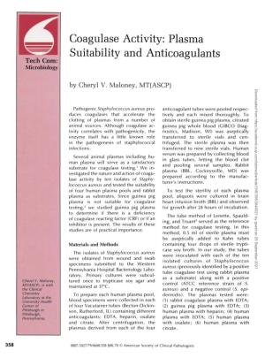 Coagulase Activity: Plasma Suitability and Anticoagulants Tech Com: Microbiology