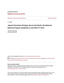 Japan's Preventive Strategy: Secure the World—The National Defense Program Guidelines in and After FY 2010