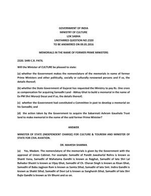 Government of India Ministry of Culture Lok Sabha Unstarred Question No.2320 to Be Answered on 09.05.2016