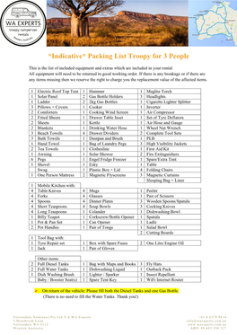 *Indicative* Packing List Troopy for 3 People