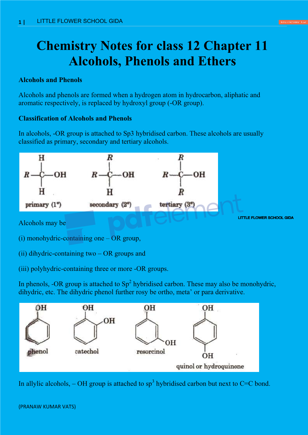 Chemistry Notes for Class 12 Chapter 11 Alcohols, Phenols and Ethers