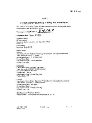 JAN 2 3 2007 SHBG 510(K) Summary