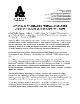 43Rd ANNUAL ATLANTA FILM FESTIVAL ANNOUNCES LINEUP of FEATURE LENGTH and SHORT FILMS