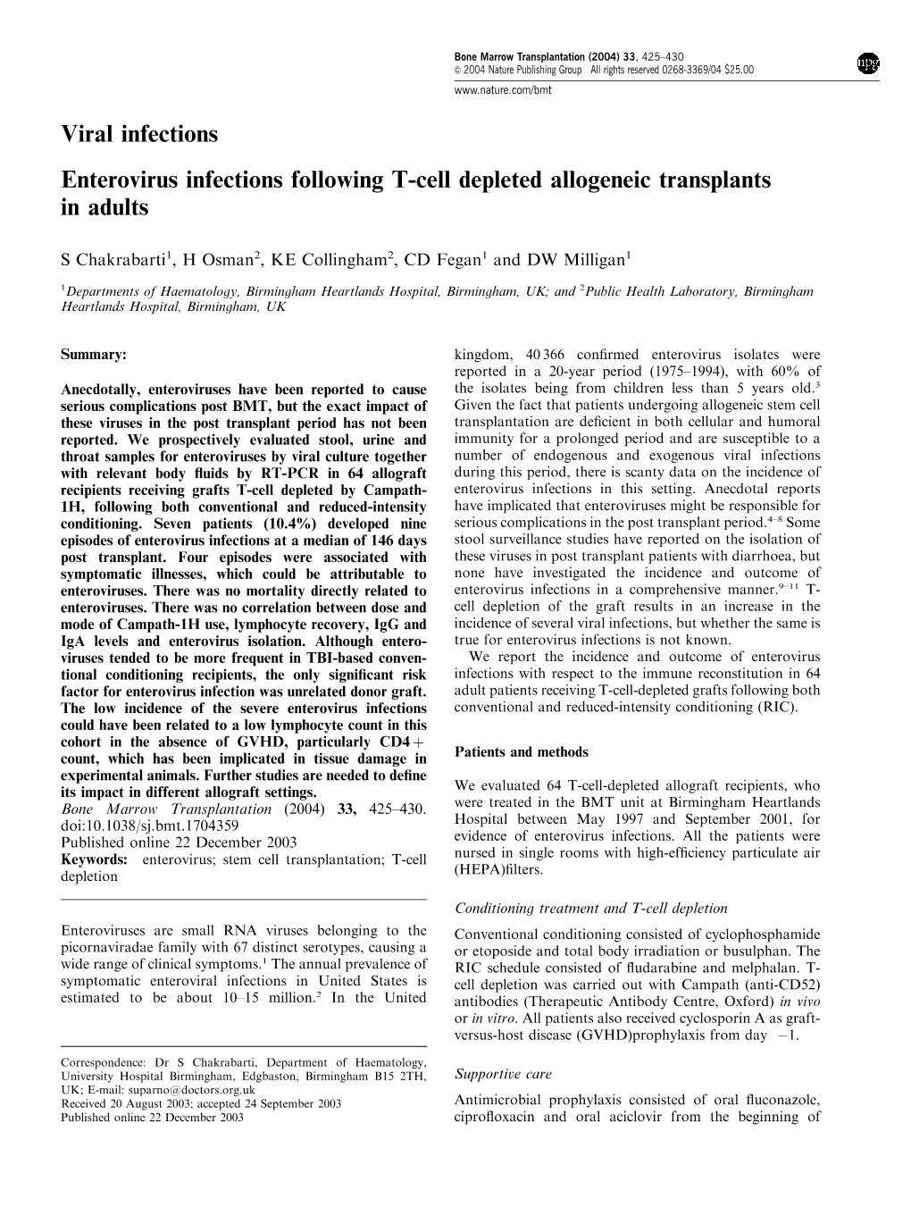 Viral Infections Enterovirus Infections Following T-Cell Depleted Allogeneic Transplants in Adults