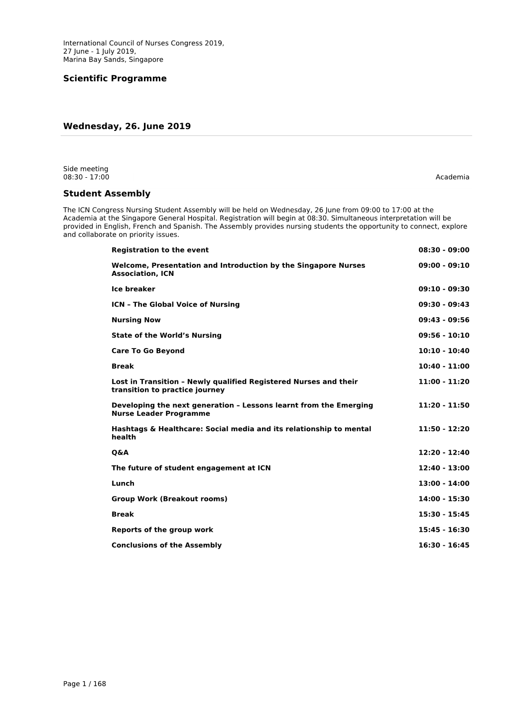 Scientific Programme Wednesday, 26. June 2019 Student Assembly