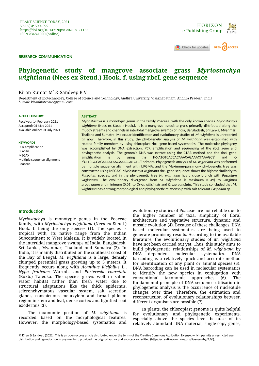 PLANT SCIENCE TODAY, 2021 Vol 8(3): 590–595 HORIZON E-Publishing Group ISSN 2348-1900 (Online)