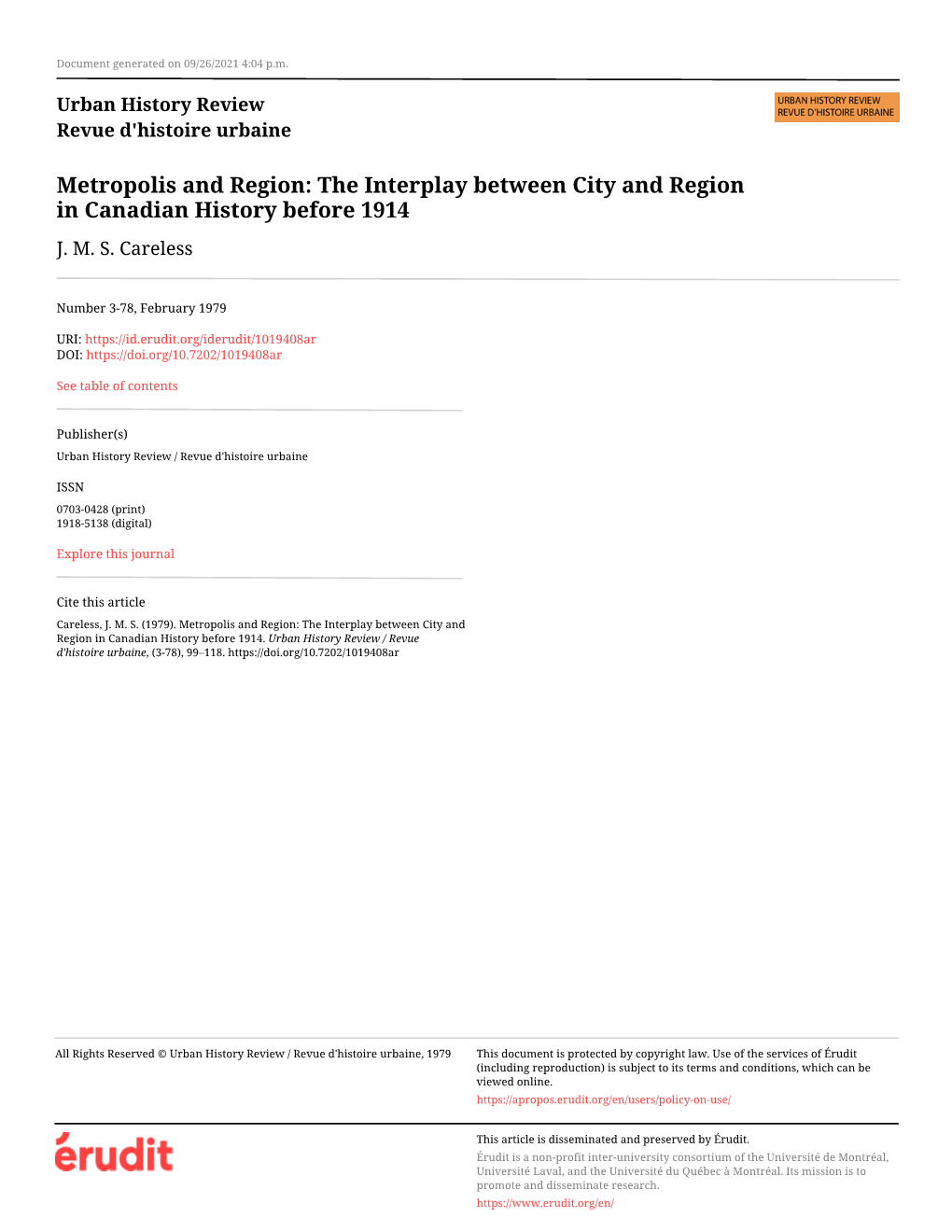 Metropolis and Region: the Interplay Between City and Region in Canadian History Before 1914 J