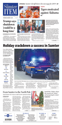 Holiday Crackdown a Success in Sumter Law Enforcement Agencies Ring in 2019 Monitoring Drivers at Area Checkpoints by ADRIENNE SARVIS Adrienne@Theitem.Com