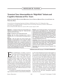 Transient Tone Abnormalities in “High Risk” Infants and Cognitive Outcome at Five Years