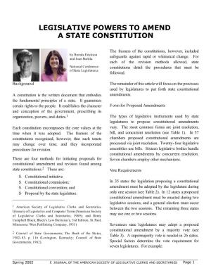 Legislative Powers to Amend a State Constitution