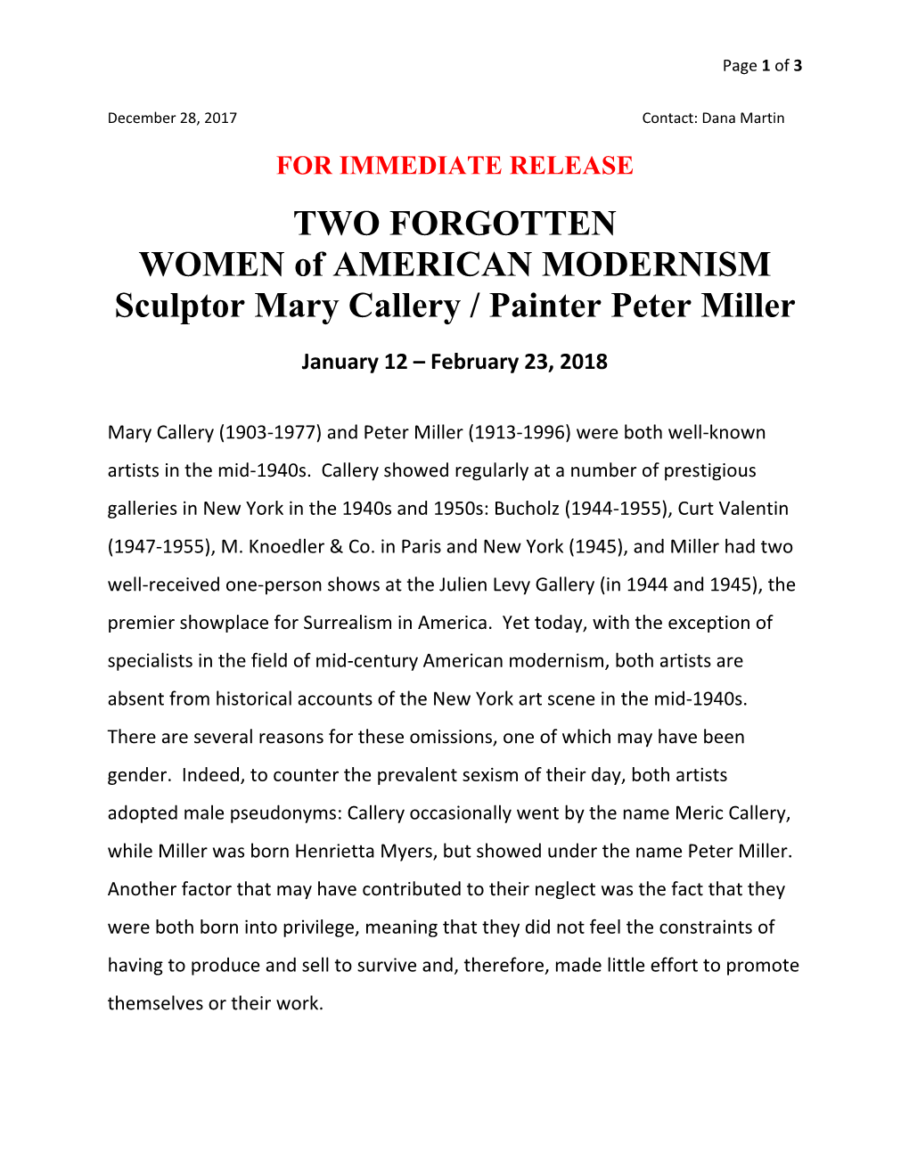 TWO FORGOTTEN WOMEN of AMERICAN MODERNISM Sculptor Mary Callery / Painter Peter Miller