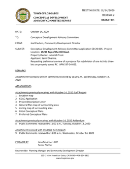 TOWN of LOS GATOS CONCEPTUAL DEVELOPMENT ADVISORY COMMITTEE REPORT MEETING DATE: 10/14/2020 ITEM NO: 2 DESK ITEM DATE: October