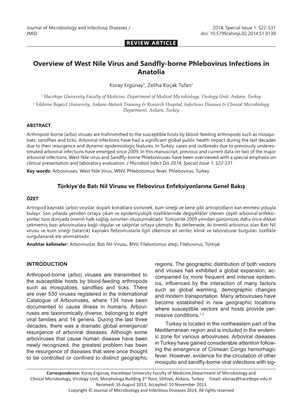 Overview of West Nile Virus and Sandfly-Borne Phlebovirus Infections in Anatolia