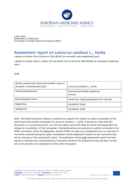 Assessment Report on Leonurus Cardiaca L., Herba