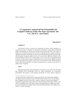 A Comparative Analysis of the Patentability of Computer Software Under the Trips Agreement: the U.S., the E.U., and Turkey