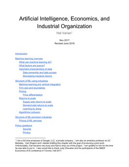 Artificial Intelligence, Economics, and Industrial Organization Hal Varian1