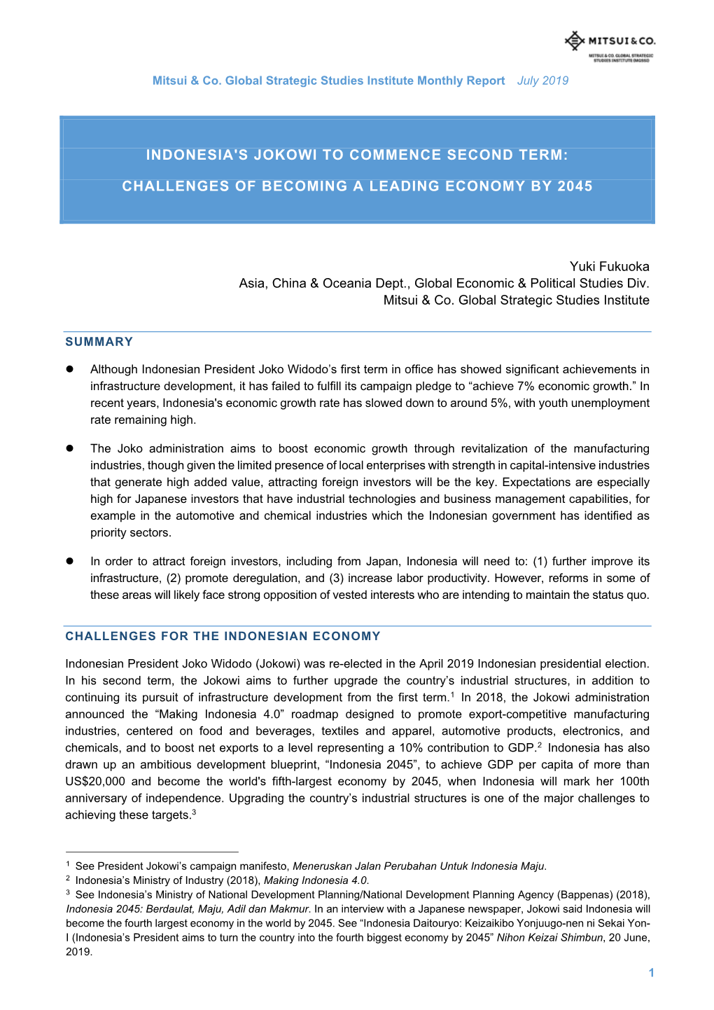 Indonesia's Jokowi to Commence Second Term: Challenges of Becoming a Leading Economy by 2045