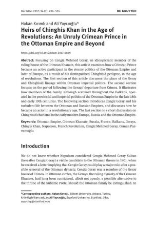 Heirs of Chinghis Khan in the Age of Revolutions: an Unruly Crimean Prince in the Ottoman Empire and Beyond