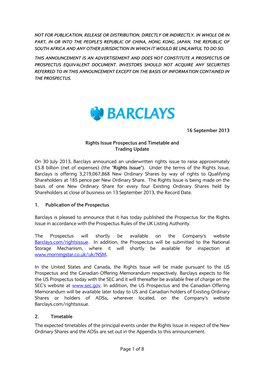 Barclays PLC Rights Issue Prospectus and Timetable and Trading Update