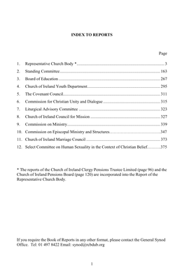 1 INDEX to REPORTS Page 1. Representative Church Body