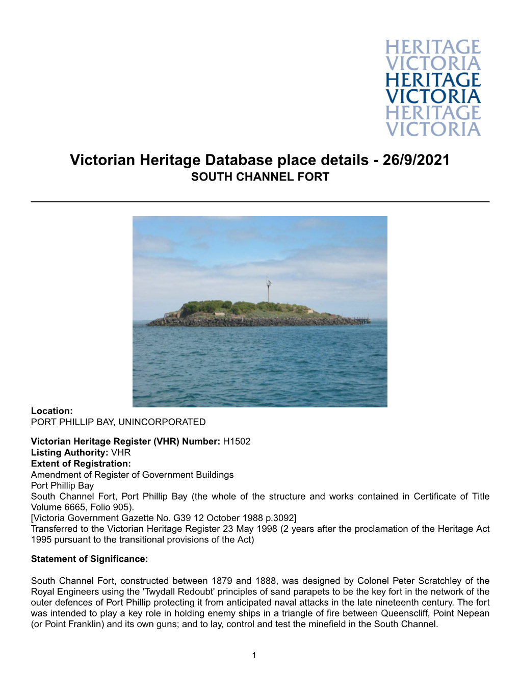 Victorian Heritage Database Place Details - 26/9/2021 SOUTH CHANNEL FORT