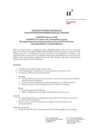 University of Bern, Switzerland Phd Assistantship in Modern English Litrature