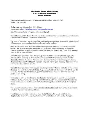 Louisiana Press Association 136Th Annual Convention Press Release