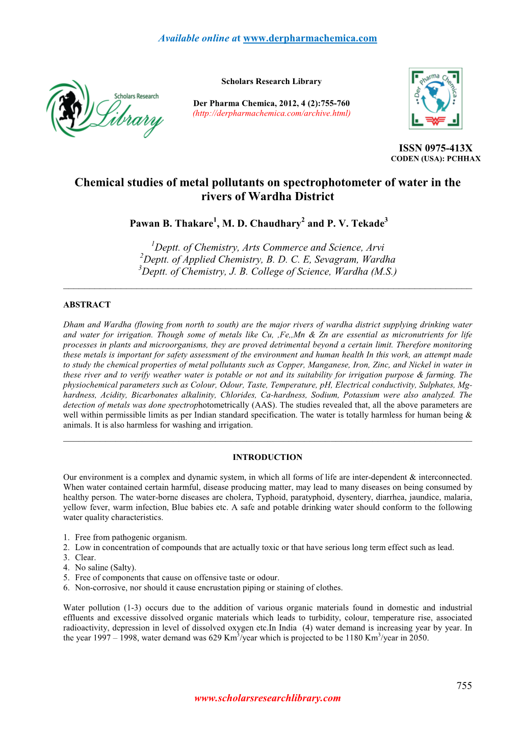 Chemical Studies of Metal Pollutants on Spectrophotometer of Water in the Rivers of Wardha District