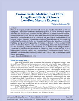 Environmental Medicine, Part Three: Long-Term Effects of Chronic Low-Dose Mercury Exposure Walter J