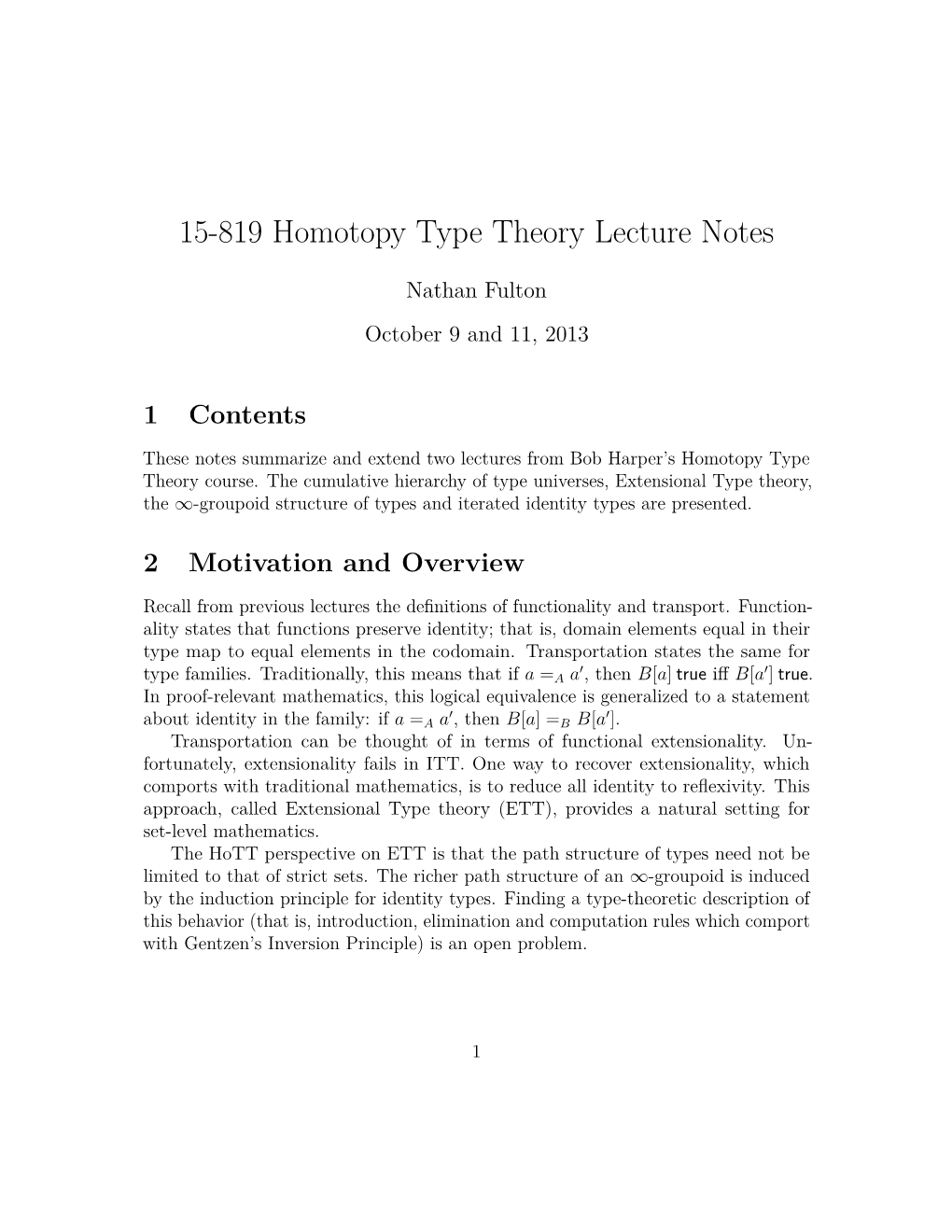 15-819 Homotopy Type Theory Lecture Notes