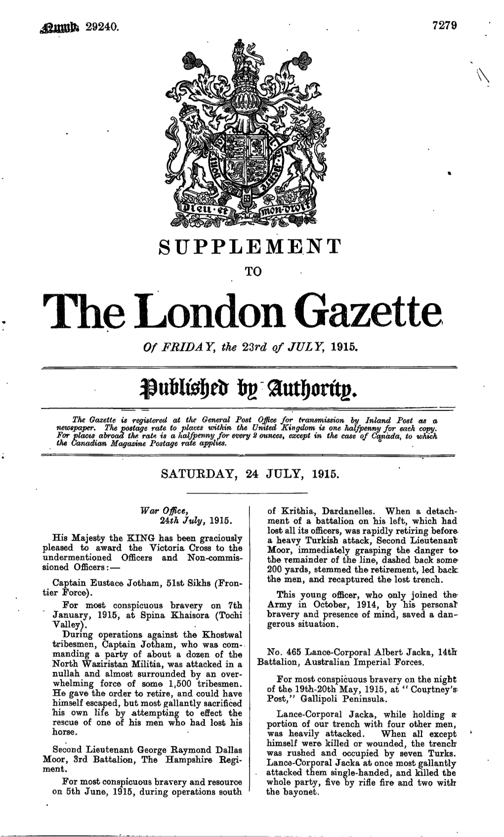 The London Gazette of FRIDAY, the 23Rd of JULY, 1915