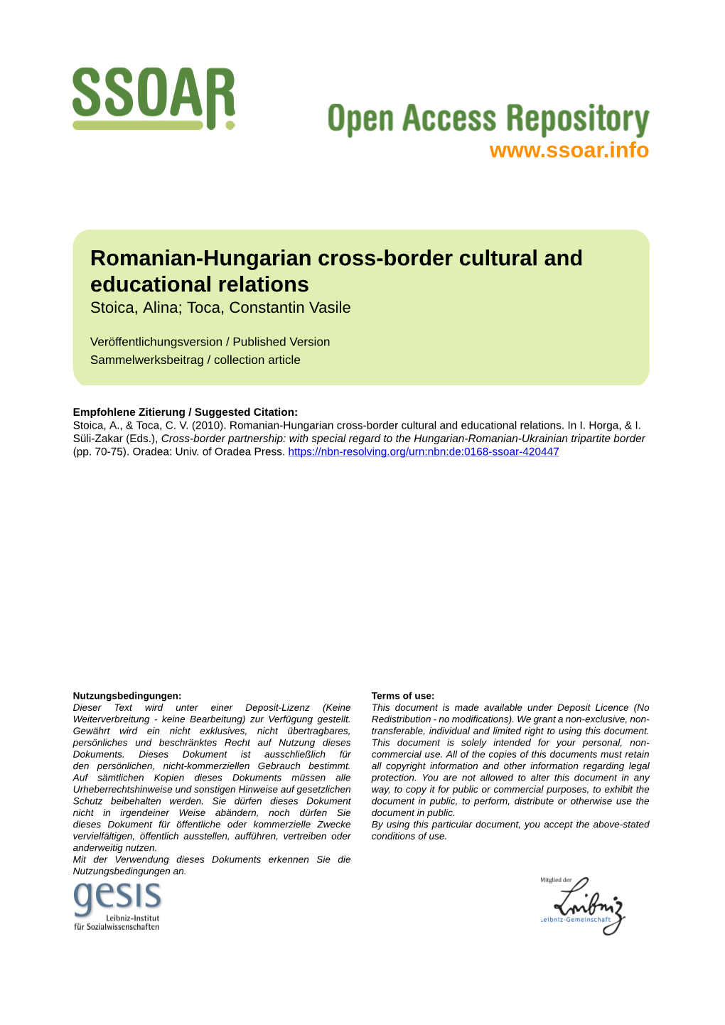 Romanian-Hungarian Cross-Border Cultural and Educational Relations Stoica, Alina; Toca, Constantin Vasile