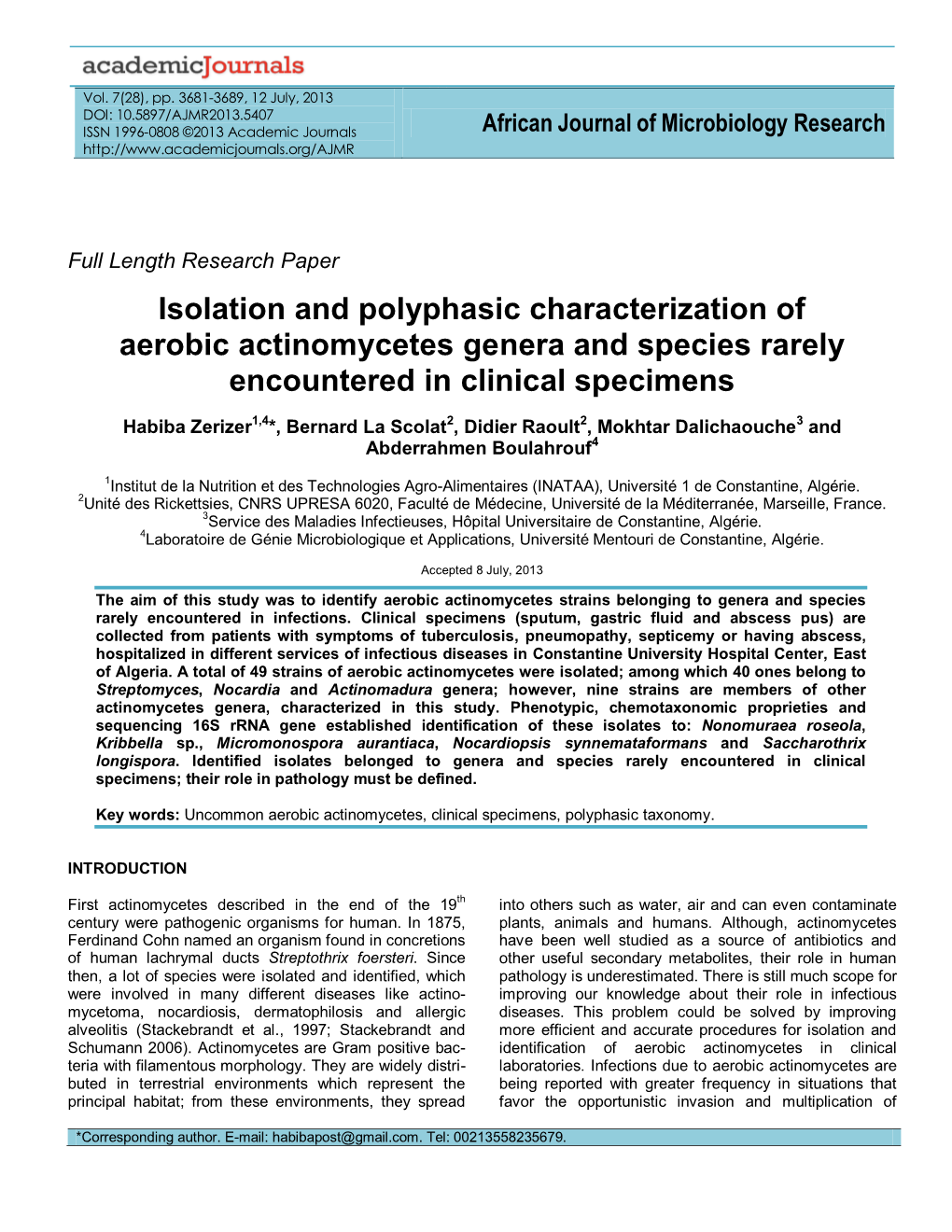 Isolation and Polyphasic Characterization of Aerobic Actinomycetes Genera and Species Rarely Encountered in Clinical Specimens