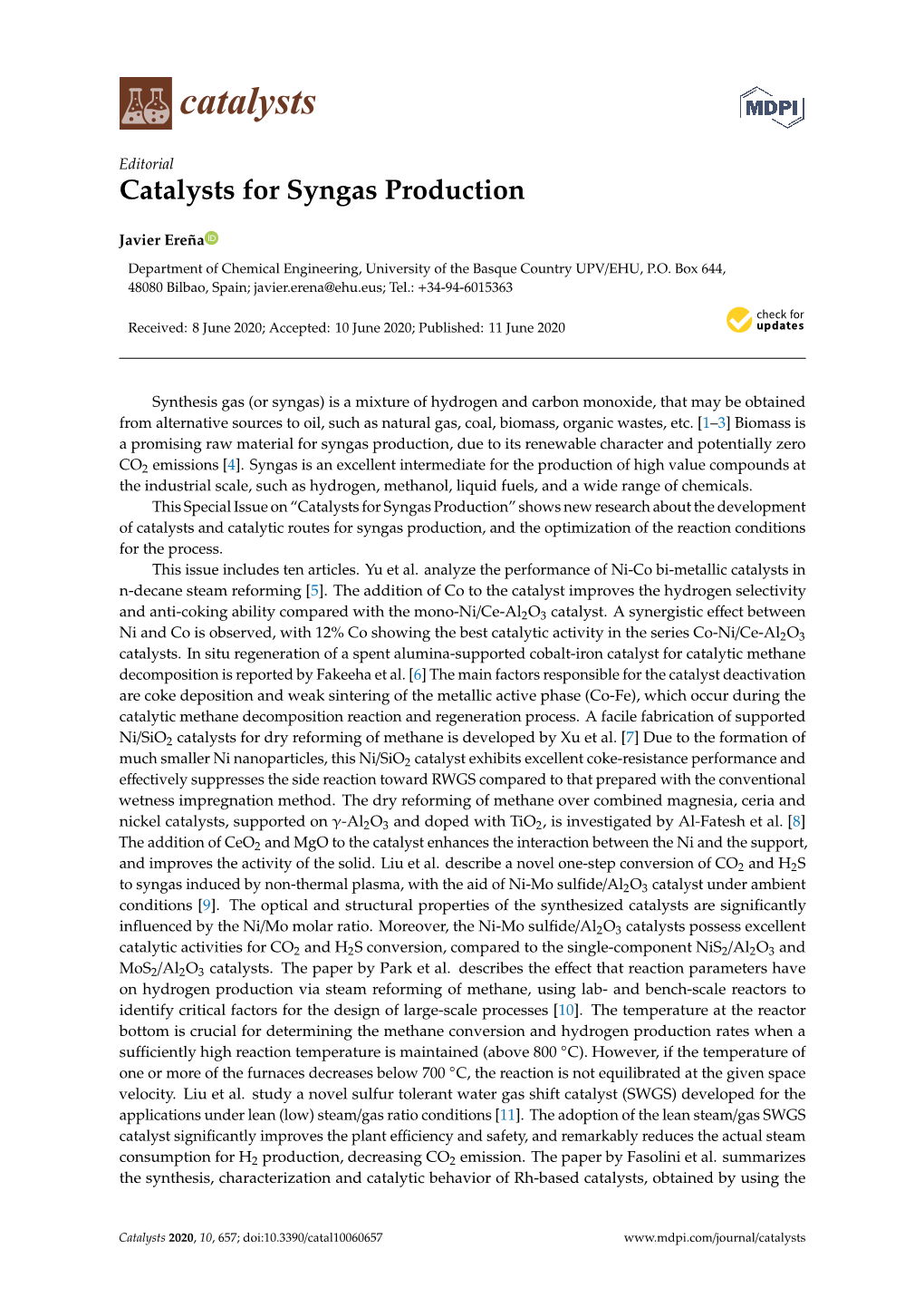 Catalysts for Syngas Production