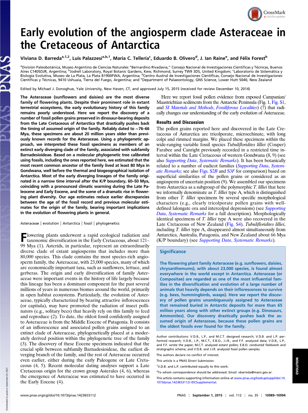 Early Evolution of the Angiosperm Clade Asteraceae in the Cretaceous of Antarctica