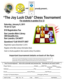 Chess Tournament for Students in Grades K to 12 Saturday, January 8, 2011 10 Am to 5 Pm