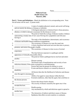 Midterm Exam Health Science 161 March 6, 2002