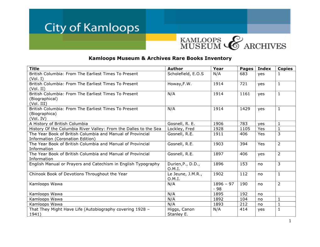 Kamloops Museum & Archives Rare Books Inventory