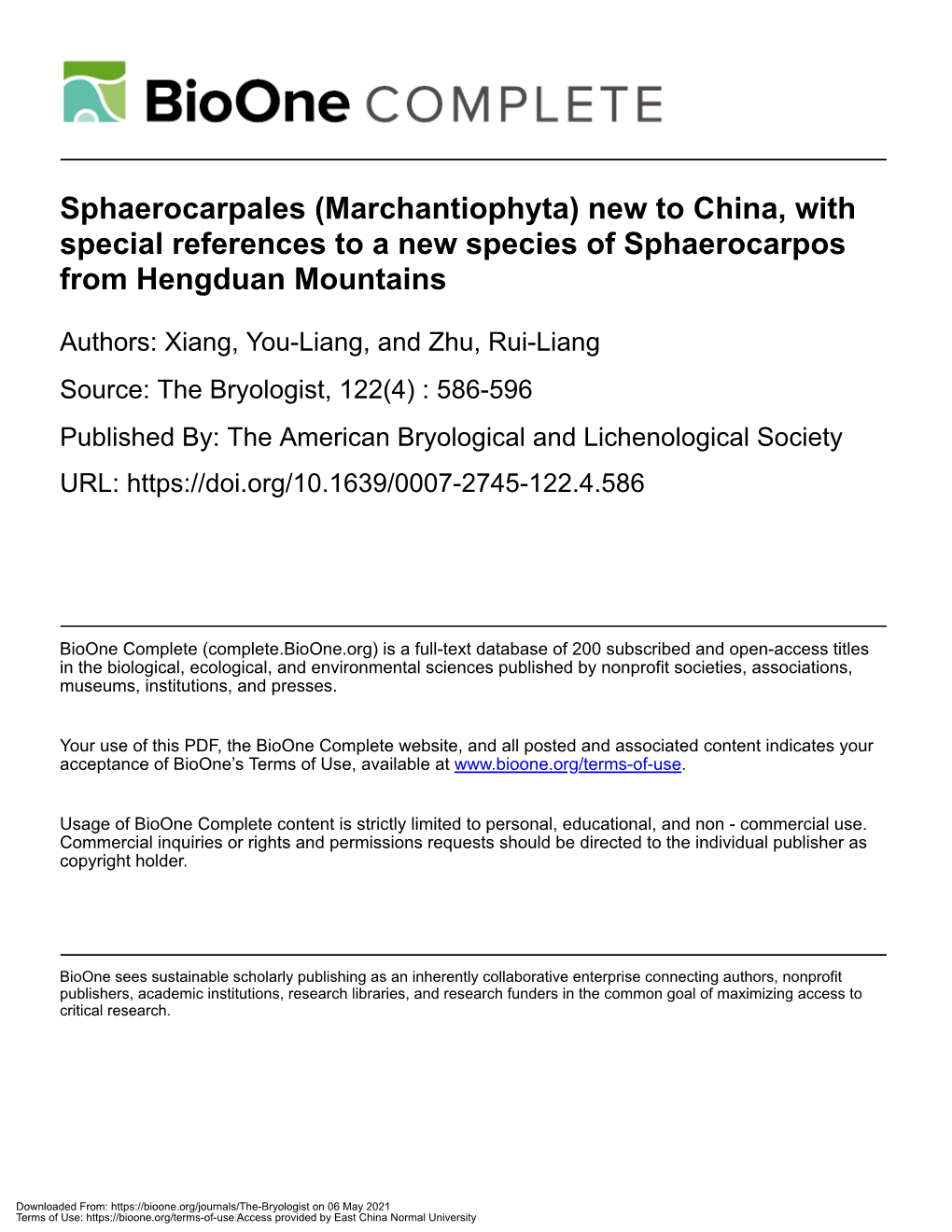 Sphaerocarpales (Marchantiophyta) New to China, with Special References to a New Species of Sphaerocarpos from Hengduan Mountains
