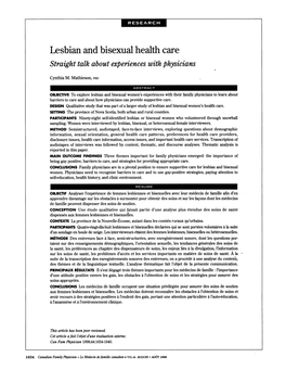 Lesbian and Bisexual Health Care Straight Talk About Experiences with Physicians