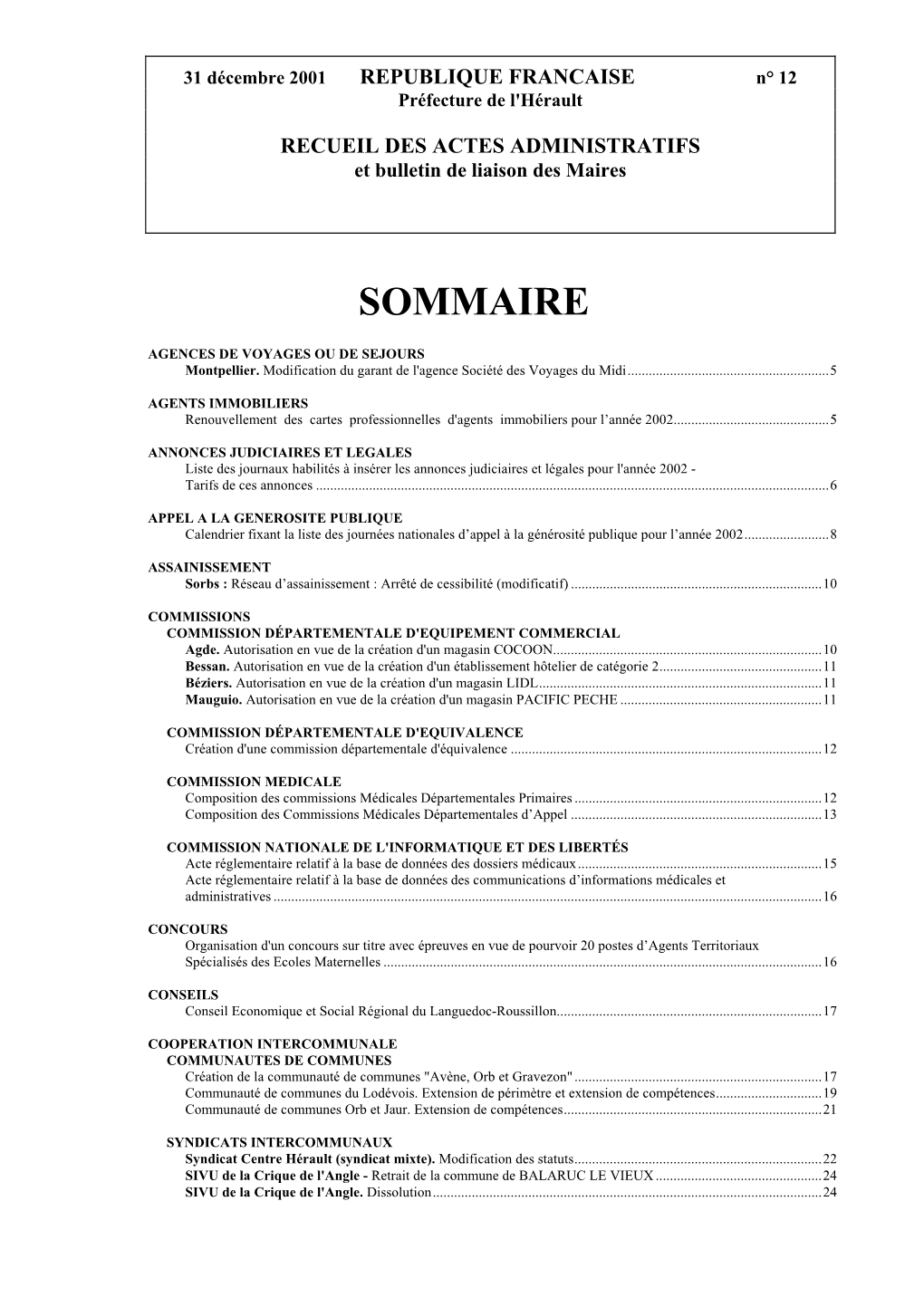 31 Décembre 2001 REPUBLIQUE FRANCAISE N° 12 Préfecture De L'hérault