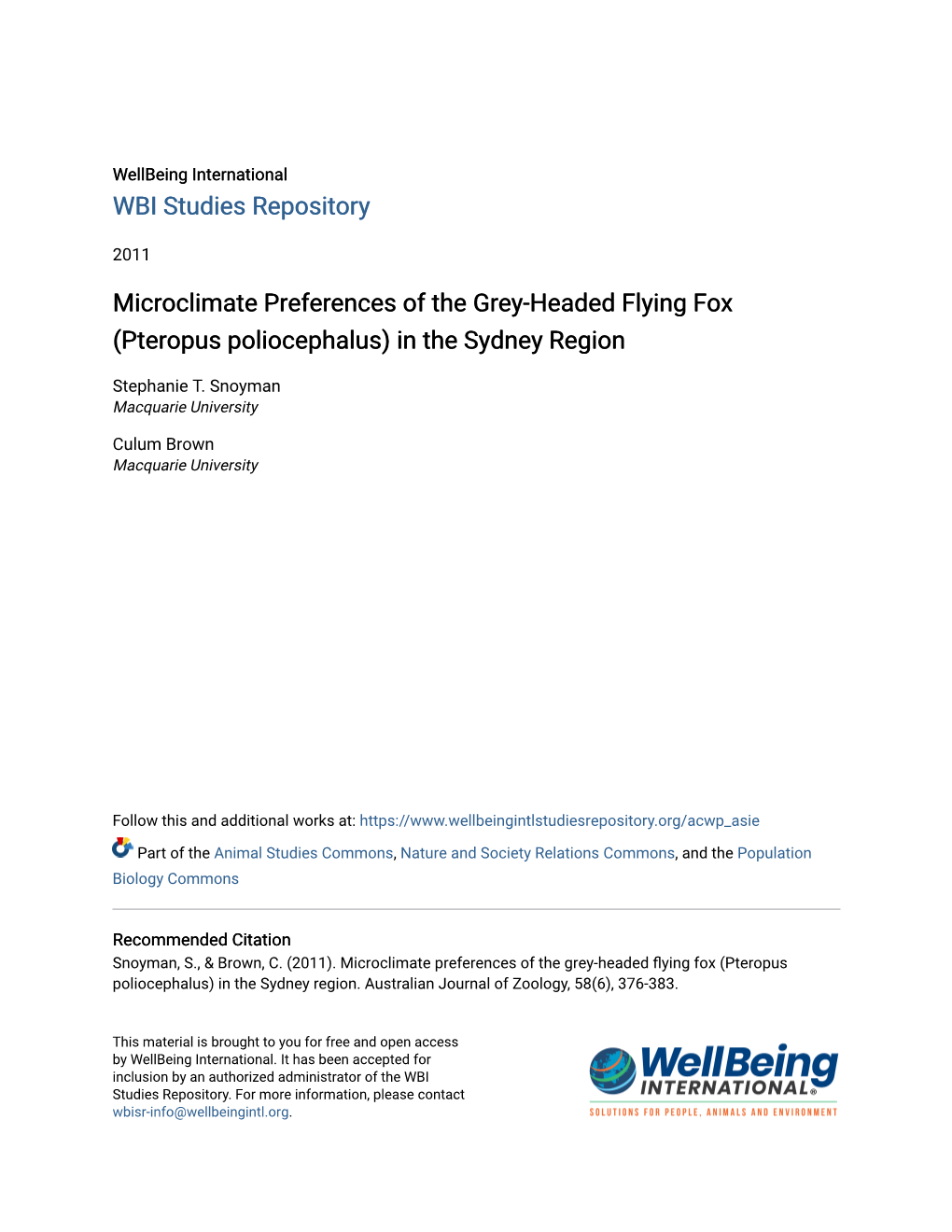 Microclimate Preferences of the Grey-Headed Flying Fox (Pteropus Poliocephalus) in the Sydney Region