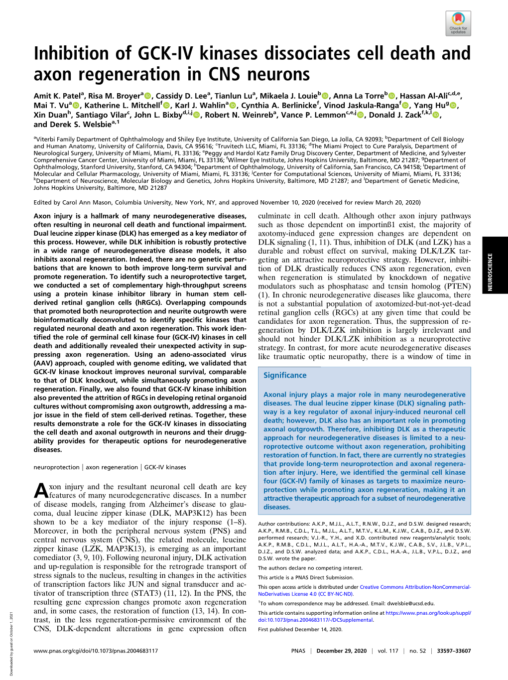 Inhibition of GCK-IV Kinases Dissociates Cell Death and Axon Regeneration in CNS Neurons