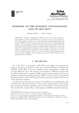 Overview of the Mceliece Cryptosystem and Its Security