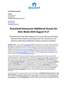 Graceland Announces Additional Guests for Elvis Week 2019 August 9-17