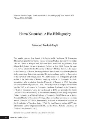 Homa Katouzian: a Bio-Bibliography” Iran Nameh, 30:4 (Winter 2016), IV-XXIII