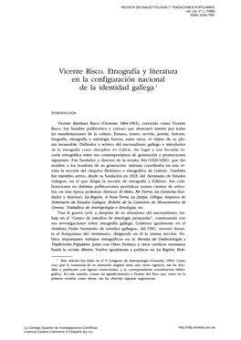Vicente Risco. Etnografía Y Literatura En La Configuración Nacional De La Identidad Gallega'