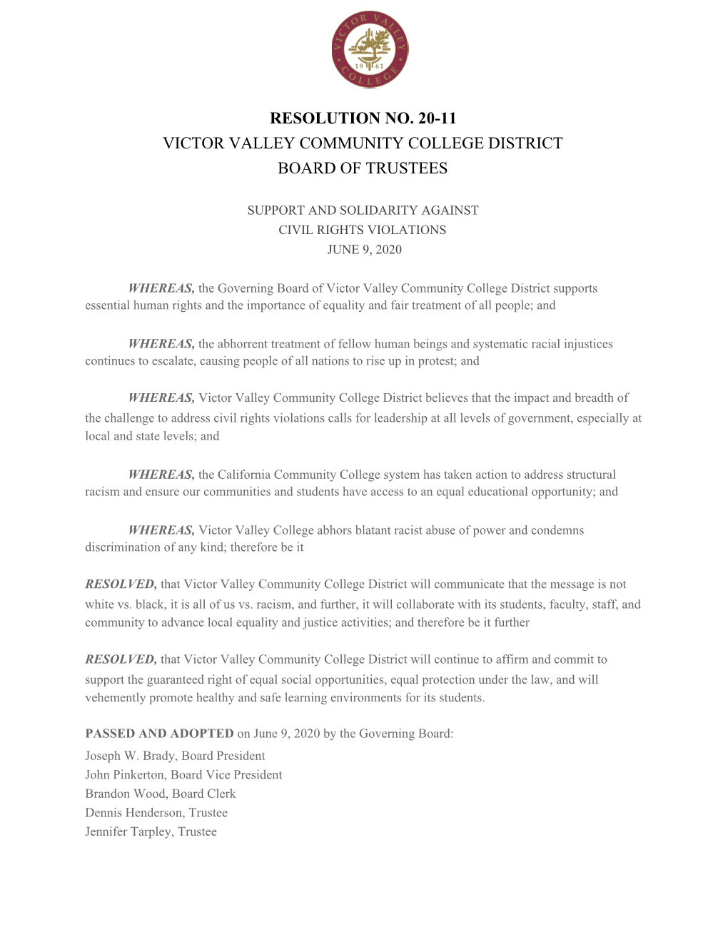 Resolution No. 20-11 Victor Valley Community College District Board of Trustees