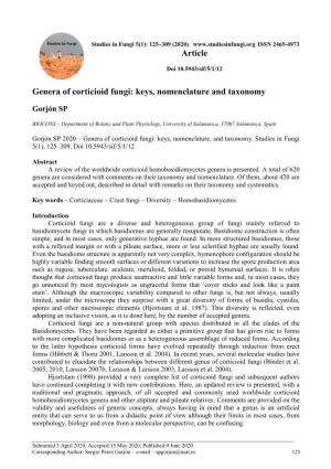Genera of Corticioid Fungi: Keys, Nomenclature and Taxonomy Article
